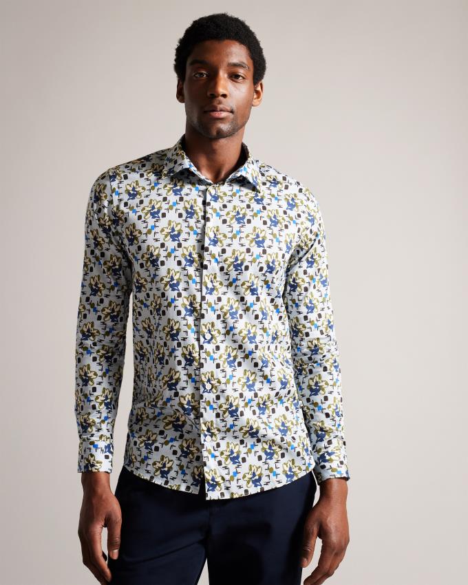 Chemises Ted Baker Long Sleeve Magnolia Print Bleu Homme | ZCT-63833340